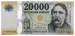 20000 Forint Bankjegy 2022 IP UNC nagyon alacsony szám 0000030