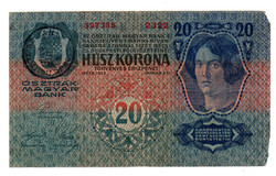 20 Korona Bankjegy 1913 I. kiadás Románia felűlbélyegzéssel VG