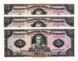 Ecuador 5 Sucres Bankjegy 1988 P113d3 sorszámkövető 3 db
