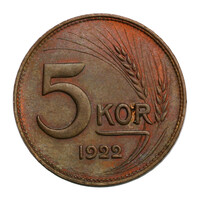 Magyar Királyság 5 Korona 1922 Próbaveret RÉZ