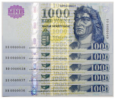 1000 Forint Bankjegy 2015 DD UNC alacsony sorszámkövető 5db