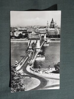Képeslap,Budapest,Lánchíd,hídfő körforgalom,autó,autóbusz,városi látkép,részlet, 1957-