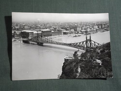 Képeslap,Budapest,Szabadság híd,autó,villamos,városi látkép,részlet, 1957-