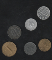 Ausztria forgalmi pénzek 2, 5, 10, 50 gröschen és 1 schilling.