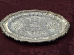 Régi ezüstözött tálca, kínálótál,  5 db hozzá tartozó vastagfalú üvegbetéttel