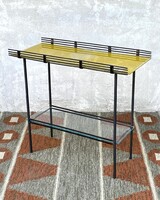 SÁRGA ÉS ÁTLÁTSZÓ ÜVEG LAPOS, RETRO VAS VIRÁGTARTÓ ÁLLVÁNY