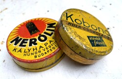 Régi fém pléh dobozok Neronil és Kobola gyógyszeres doboz
