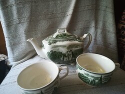 Angol fajansz kis méretű kanna zöld színű várjelenetes mintával+ két csésze