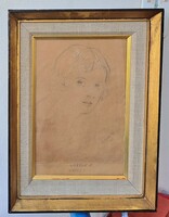 László Fülöp szénrajz 1904-ből, MNG eredetiség igazolással! Kislány portréja