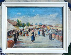 Parányi P. István (1903-1979): Vásári jelenet (olaj, vászon) Parányi-Pabar mezőtúri festő - piac