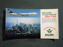Képeslap,Szaúd-Arábiai,Saudia Airlines légitársaság,Boeing 747 repülőgép,USA,New York,1980-