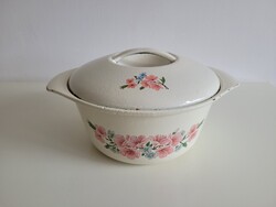 Old large 3.5-liter cast iron pot with floral pattern enameled lid baking dish