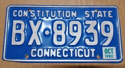 Régi USA amerikai rendszám rendszámtábla 1980-ból BX-8939 Connecticut Conytitution State