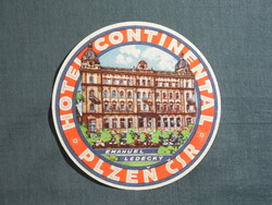 Reklám bőrönd címke,Csehország,Plzen,Hotel Continental,1960-