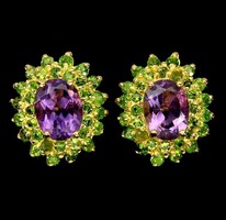 Genuine Amethyst Chromdiopside 925 Silver 18k Yellow Gold Earring