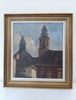 Antik festmény tájkép utcarészlet olaj vászon keretben szignó nélkül 413 3154
