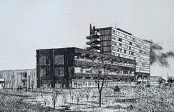 Bokros László: Karcagi kórház (rézkarc) történelmi grafika, kommunizmus, szocreál - Nagykunság