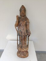 Buddhista szobor antik ázsiai faragott fa szobor Bódhiszattva festés nyomaival 926 3160