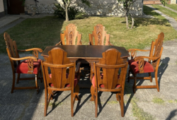 Antik étkezőasztal 6 székkel – faragott fa, klasszikus elegancia