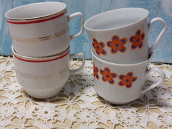 Kahla narancs sárga-kék virág mintás porcelán kávés és cseh piros-arany csíkos csésze