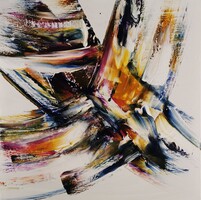 Baján Ildikó festmény 50 x 50 cm. Energiák, szándékok, érzések összeütközése.