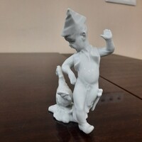 White Herendi Porcelain Boy with Rooster, Rooster Figurine