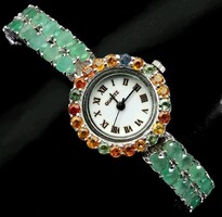 925 Silver Jewelry Watch with Emerald and Tourmaline