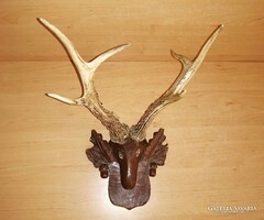 Régi agancs trófea fa faragott talpazaton falidísz