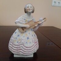 Herendi rózsaszín, virágos ruhás Déryné porcelán figura