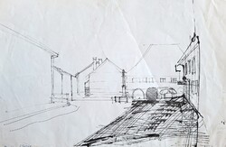 Svájci utcakép (tusrajz) Jánossy szignóval - Moutier, Svájc