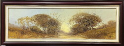 Jakubik István szépen keretezett 32x110 cm-s olaj festménye,címe:Az alföldi táj szépségee