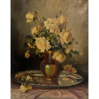 Novák Erzsébet (1893-?) Hervadó fehér rózsák vázában - gyönyörű virágcsendélet /számlát adunk/