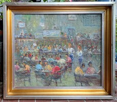 Bárjelenet (olajfestmény, Szőnyi keretben) sokalakos, színes kép, kávéház - spanyol festőművész