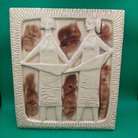 Retro  Zenélő lányok kerámia falidísz,  Romhányi kályhacsempe