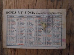 1934-es naptár Korda R.T. fiókja Szeged , képeslap méretű, papírrégiség