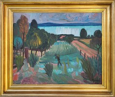 Fenyő Andor (1904 - 1971) Balatoni Táj c. Képcsarnokos festménye Eredeti Garanciával !