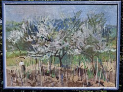 Cseresznye virágzás olaj vászon 60x80 tájkép olasz kék bicolor képkeret külm 64x84 Z i r k e lb a ch