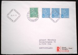 Ff723c3f / Finnország 1973 Államcímer 3-s bélyegcsík FDC-n futott kiegészítő bélyeggel ajánlott levé