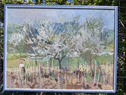 Zirkelbach László Cseresznyevirágzás olaj vászon 60x80 tájkép olasz kékbicolor képkeret külm 64x84