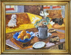 Biai-Föglein István (1905 - 1974) Enteriőr(a Művész kutyáival) Képcsarnokos EREDETI GARANCIÁVAL !