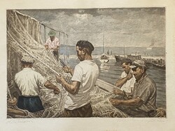 CSÁKI-MARONYÁK JÓZSEF (1910-2002) HÁLÓJAVÍTÓK, JELZETT SZÍNEZETT RÉZKARC