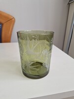 Zöld csiszolt madaras, virágos, hibátlan henger alakú üveg váza