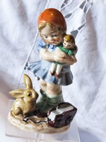 Wagner & Apel - Bertram német porcelán szobor Kislány nyuszival és babával porcelán figura