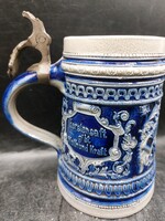 Kőcserép boros korsó a XIX. század végéről, judaika, német, 15 cm magas. 3851b