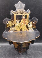 Antik japán chinoiserie összecsukható lakk fali polc kézzel festett,15x23cm.3855b