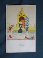 Képeslap,Egy jó kislány viselt dolgai sorozat,Balaton,Kozma Lajos grafika,Radó kiadás Bp.,1930-