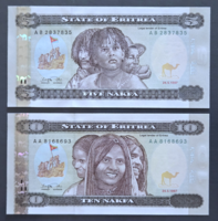 Eritrea 5 + 10 Nakfa 1997, UNC.