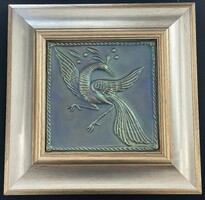 Zsolnay eozin falikép főnixmadár mintával Szabó Kinga terve modern porcelán falidísz