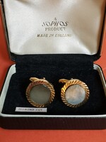Vintage a SOPHOS PRODUKT MADE IN ENGLAND eredeti dobozában abalone kagyló berakásos mandzsetta gomb
