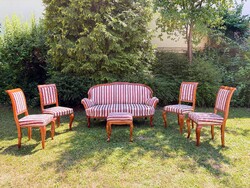 Felújított Biedermeier csíkos kanapé szett – 1 kanapé + 4 szék, elegáns, stabil, gyűjtői darab!